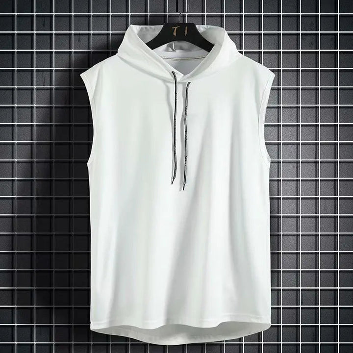 Active men's sleeveless hoodie, perfect for fitness apparel, casual wear, and versatile daily activity.