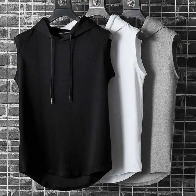 Men's athletic sleeveless hoodie with drop-curve hem, versatile for gym, training, & casual streetwear.