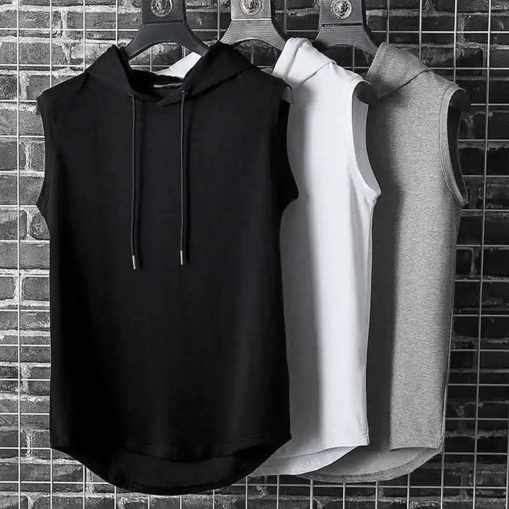 Men's athletic sleeveless hoodie with drop-curve hem, versatile for gym, training, & casual streetwear.