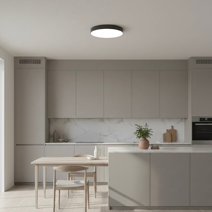 Dimmable LED flush ceiling light with slim design, offering adjustable brightness for any room.