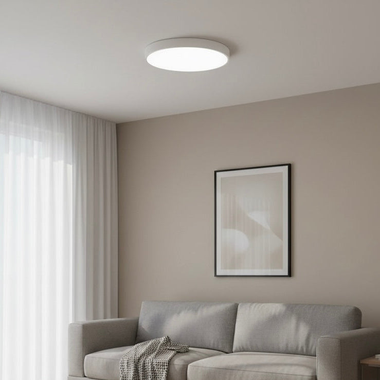 Modern LED flush mount light, dimmable, energy-efficient, slim design for versatile use.