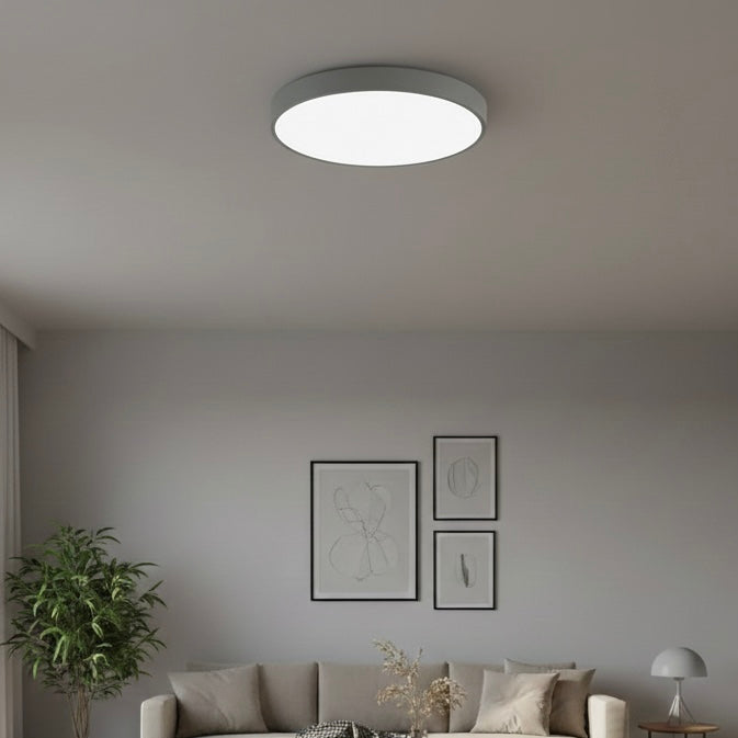 Modern minimalist LED flush ceiling light, dimmable and energy-efficient for home decor.