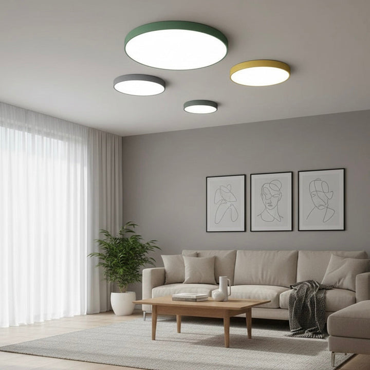 Flush mount LED ceiling light, slim profile, dimmable for customizable brightness.