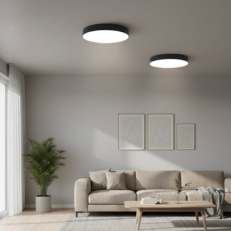 Modern round LED flush ceiling light, dimmable, slim, energy-efficient indoor lighting solution.