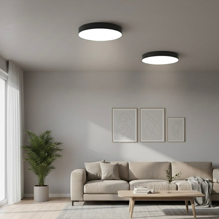 Modern round LED flush ceiling light, dimmable, slim, energy-efficient indoor lighting solution.