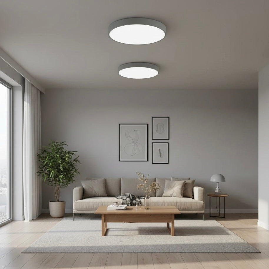 Sleek LED flush mount ceiling light, dimmable, ideal for contemporary spaces, minimalist.