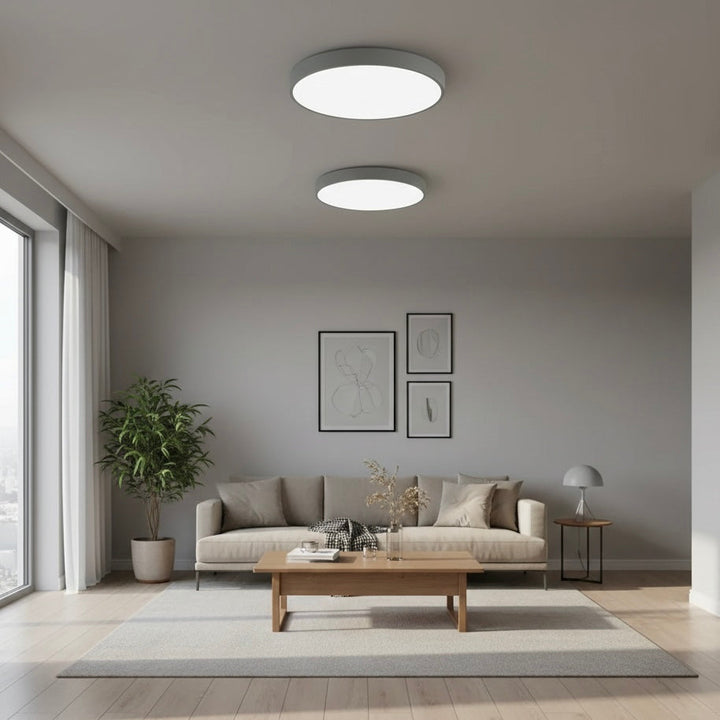 Sleek LED flush mount ceiling light, dimmable, ideal for contemporary spaces, minimalist.