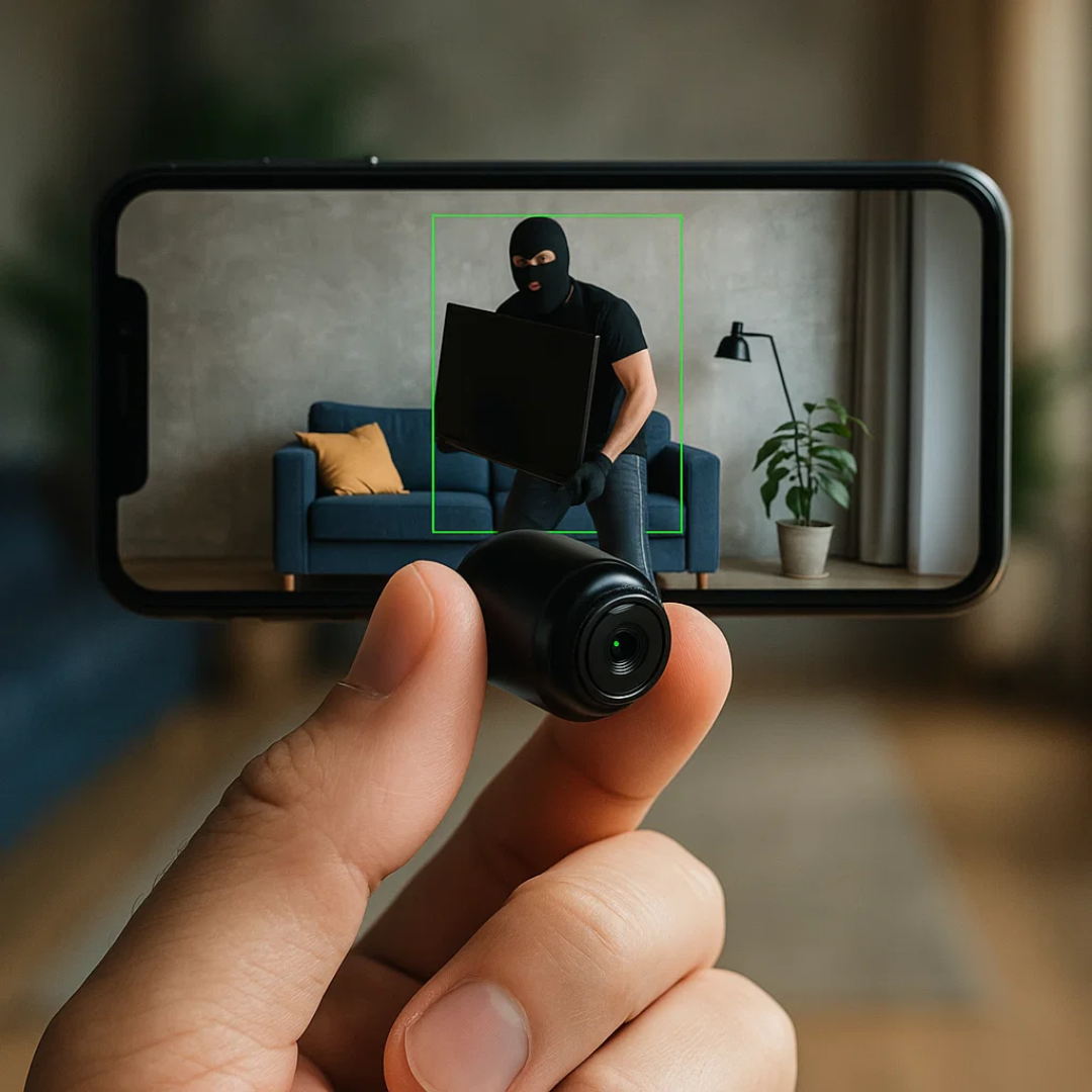 Small 1080p HD WiFi security camera with night vision & motion alerts for discreet home surveillance.