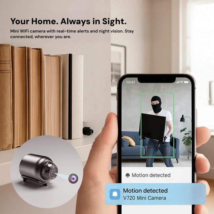 Smart mini security camera with 1080p HD, night vision & motion alerts for indoor surveillance.