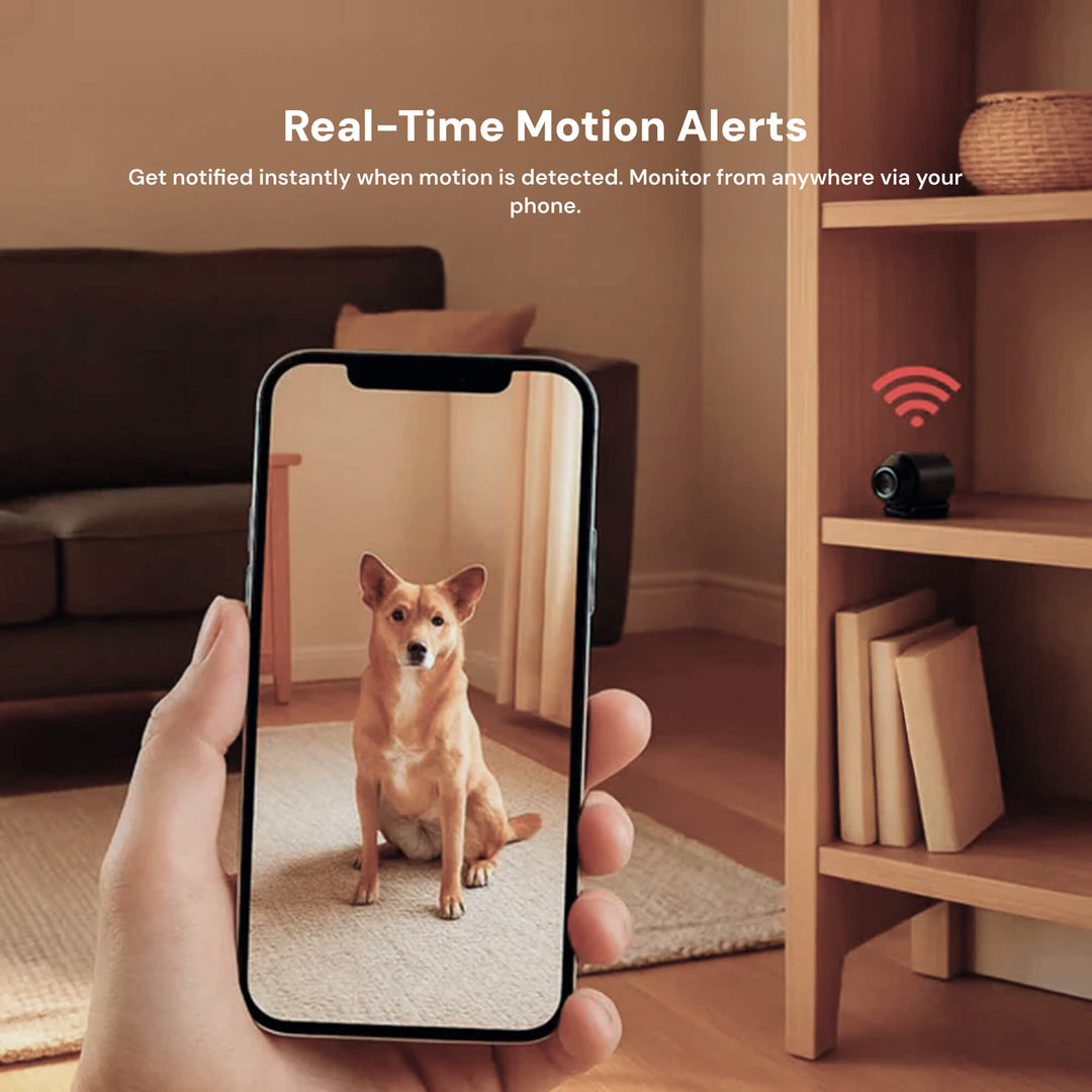 Advanced 1080p HD mini WiFi camera, features night vision & instant motion alerts for smart home security.