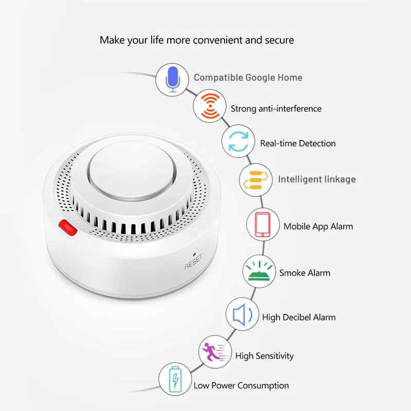 App-controlled smart smoke & heat alarm. Wireless home safety detector with 85dB alert & remote monitoring.