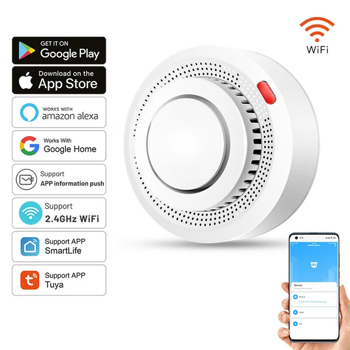 Compact smart WiFi smoke & heat detector. Discreet modern design for effective home fire safety monitoring.