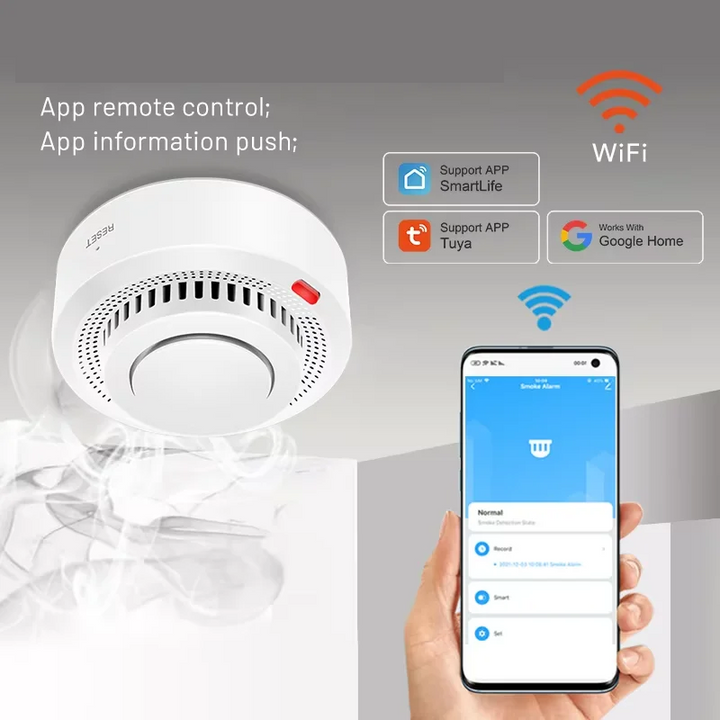 Smart WiFi smoke & heat detector with 85dB alarm, app control, wireless connectivity for home protection.
