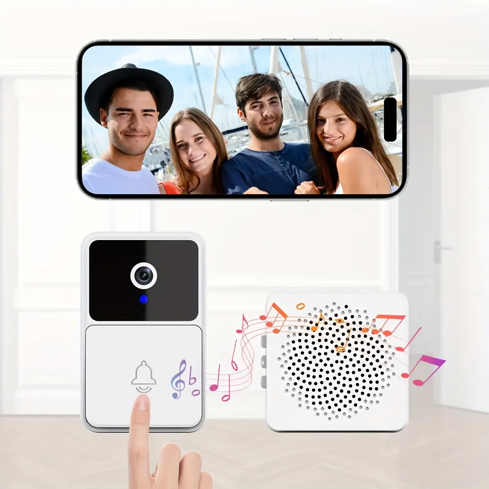 Smart wireless video doorbell camera with HD, night vision, and motion detection for home security.