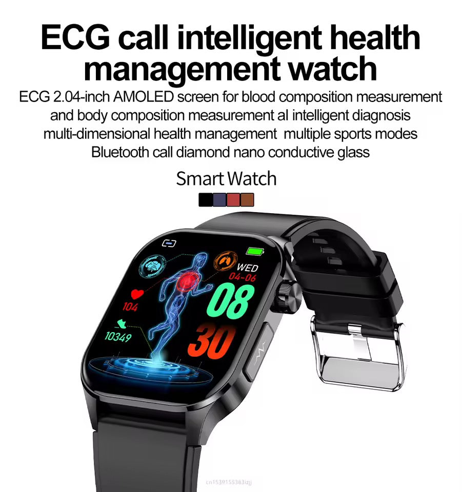 Waterproof smartwatch for sports, monitoring heart rate, blood pressure, and activity levels.