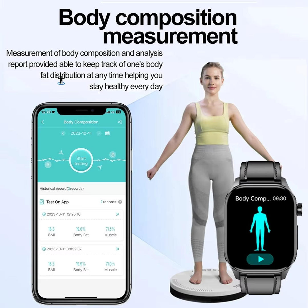 Elegant smartwatch with AMOLED display, advanced health sensors, and phone call functions.