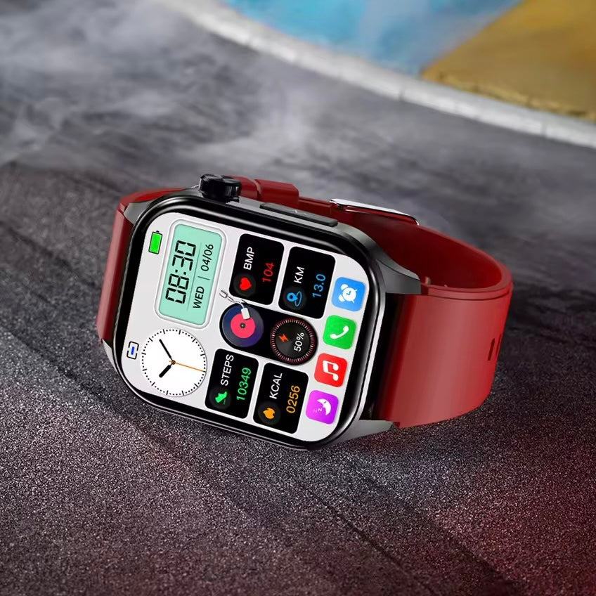 Digital fitness watch featuring heart rate, blood pressure monitor, and SOS alerts.