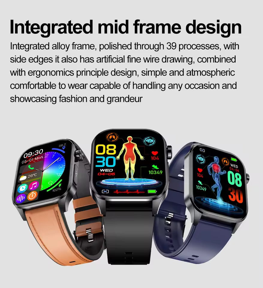 Smartwatch with bright AMOLED display, health monitoring, and waterproof capabilities.
