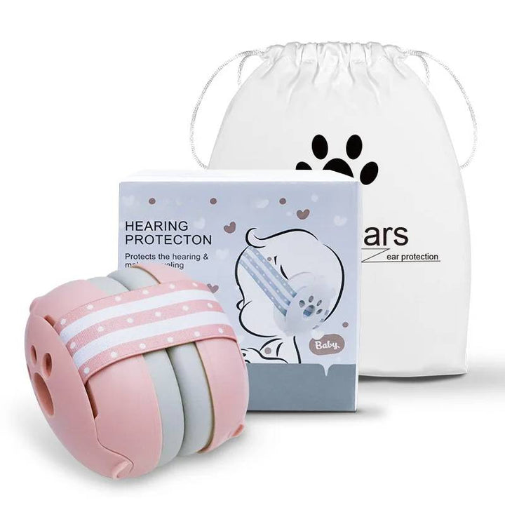 Pink baby ear protection earmuffs for toddlers, providing essential sound reduction & hearing safety during loud events.