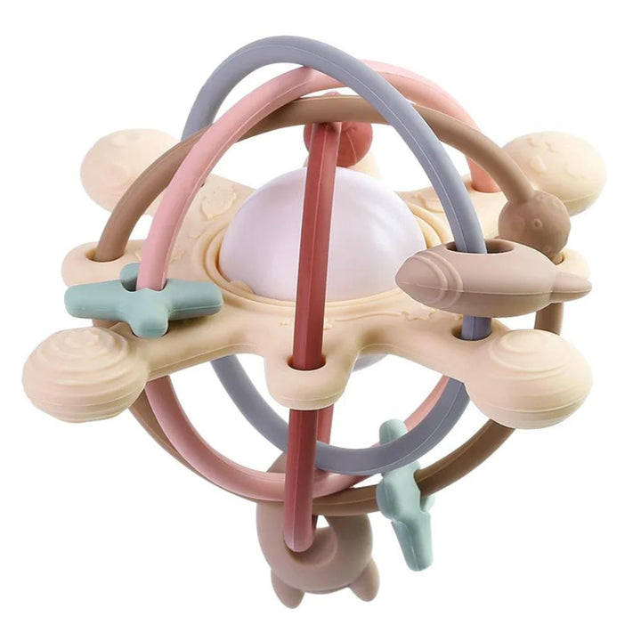 Soft baby sensory teether & rattle toy. Safe chewing relief & developmental play for infants and newborns.