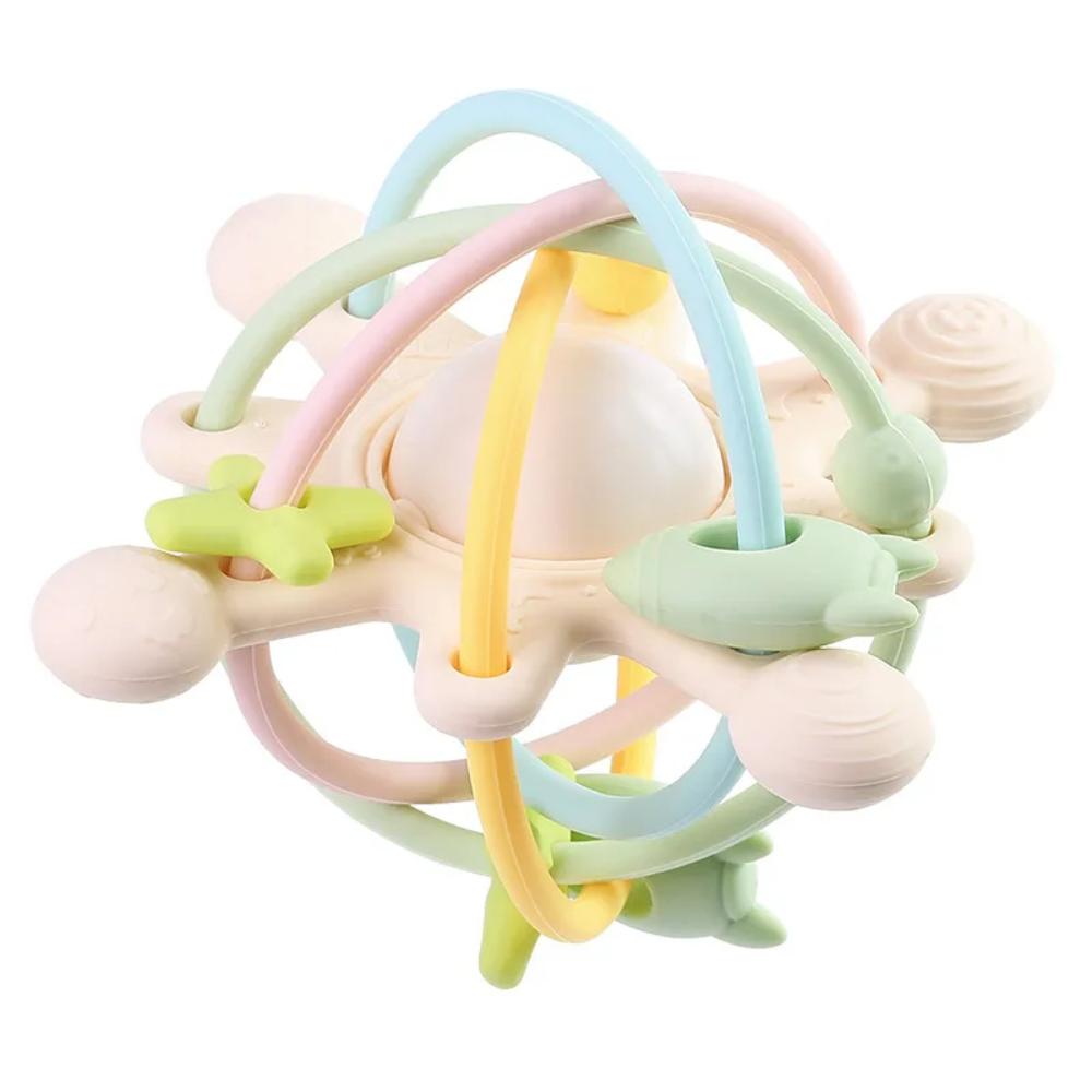Newborn sensory teether & bed bell with rattles. Soft, portable chewing toy for safe infant development & play.