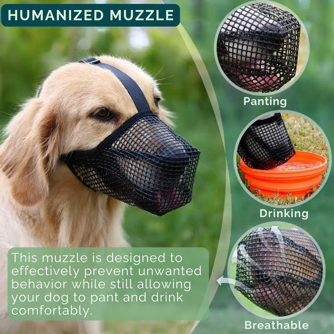 Adjustable AirMesh dog muzzle in black, designed for secure fit and preventing bites.