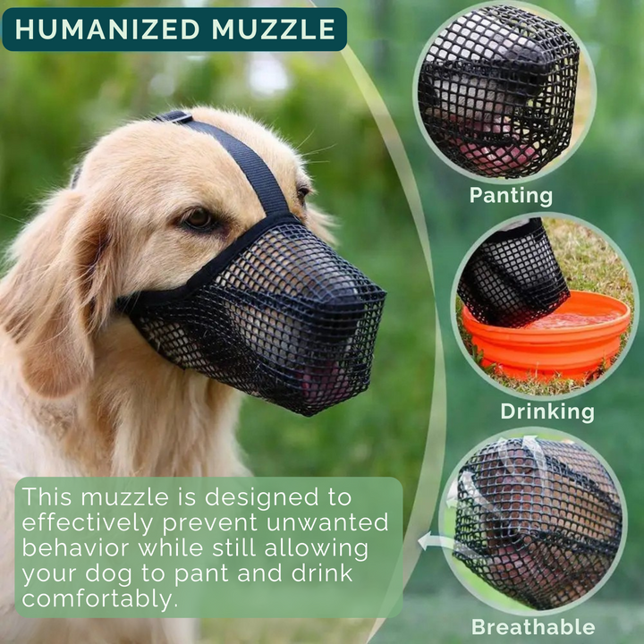 Adjustable AirMesh dog muzzle in black, designed for secure fit and preventing bites.