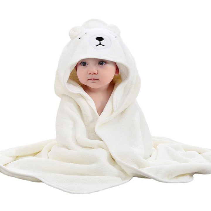Soft coral fleece hooded baby bath towel with cute animal ears for infant & toddler bath time. Absorbent & gentle.