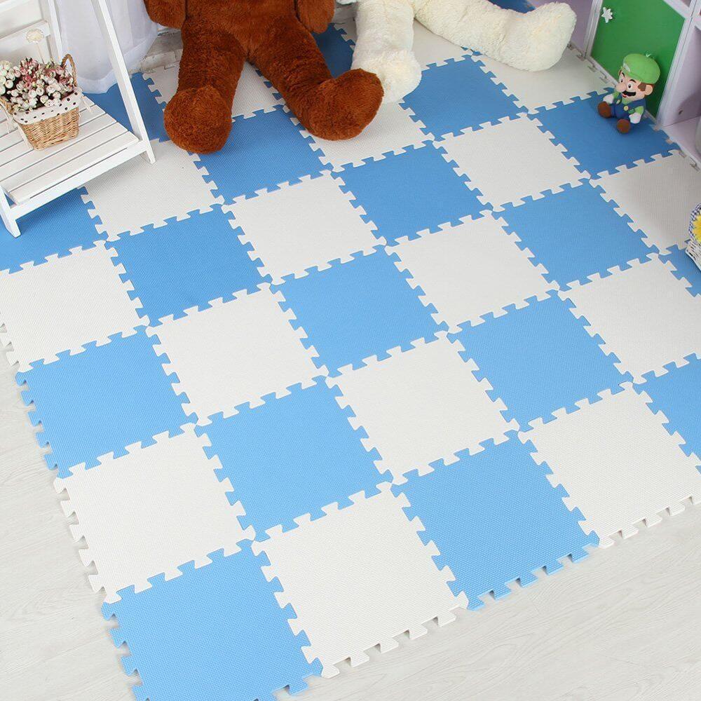 Modular soft foam floor tiles for custom reconfigurable kids' play areas.