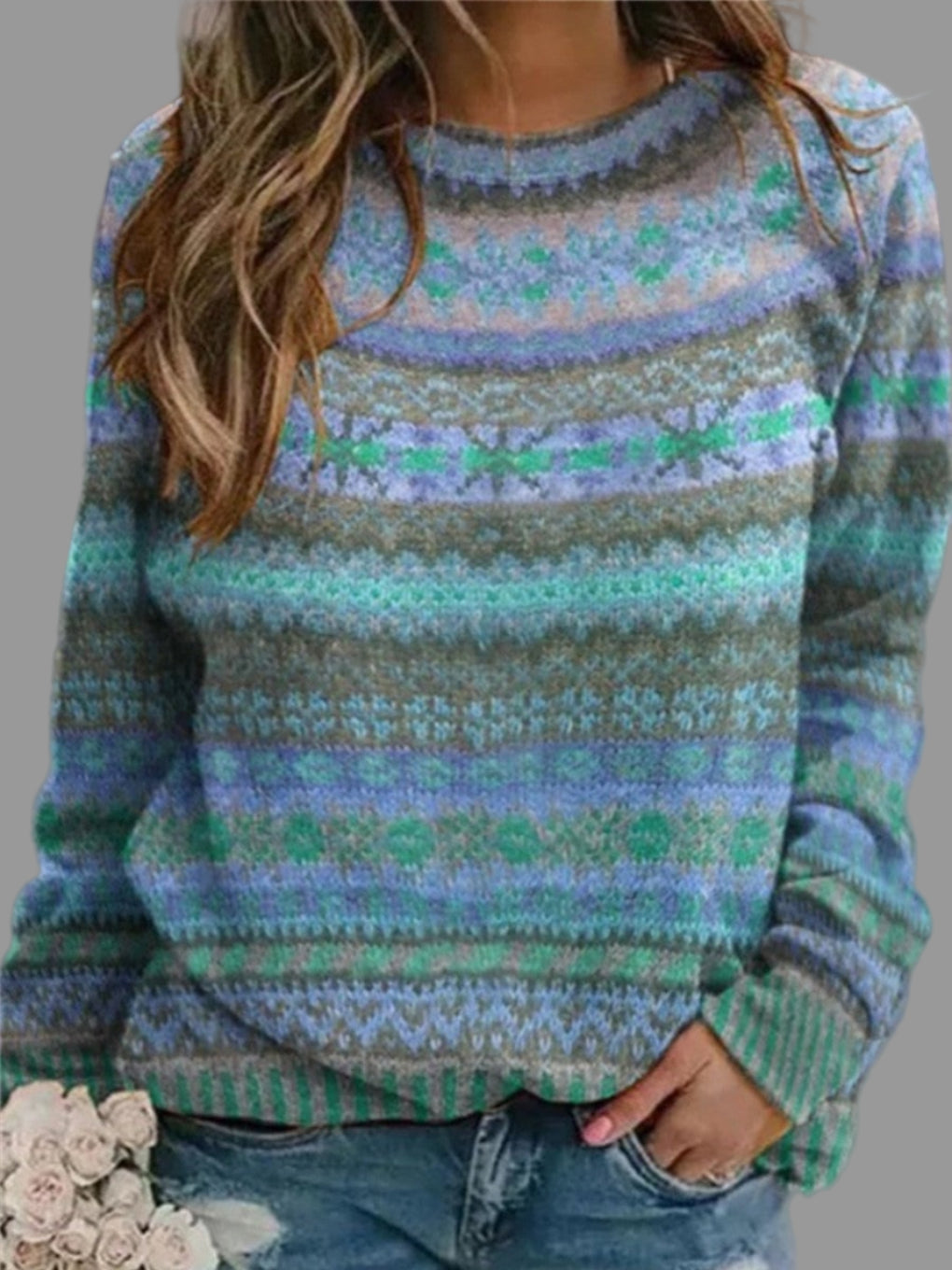Soft vintage blue women's round neck sweater with long sleeves, perfect for casual layering and cozy everyday style.