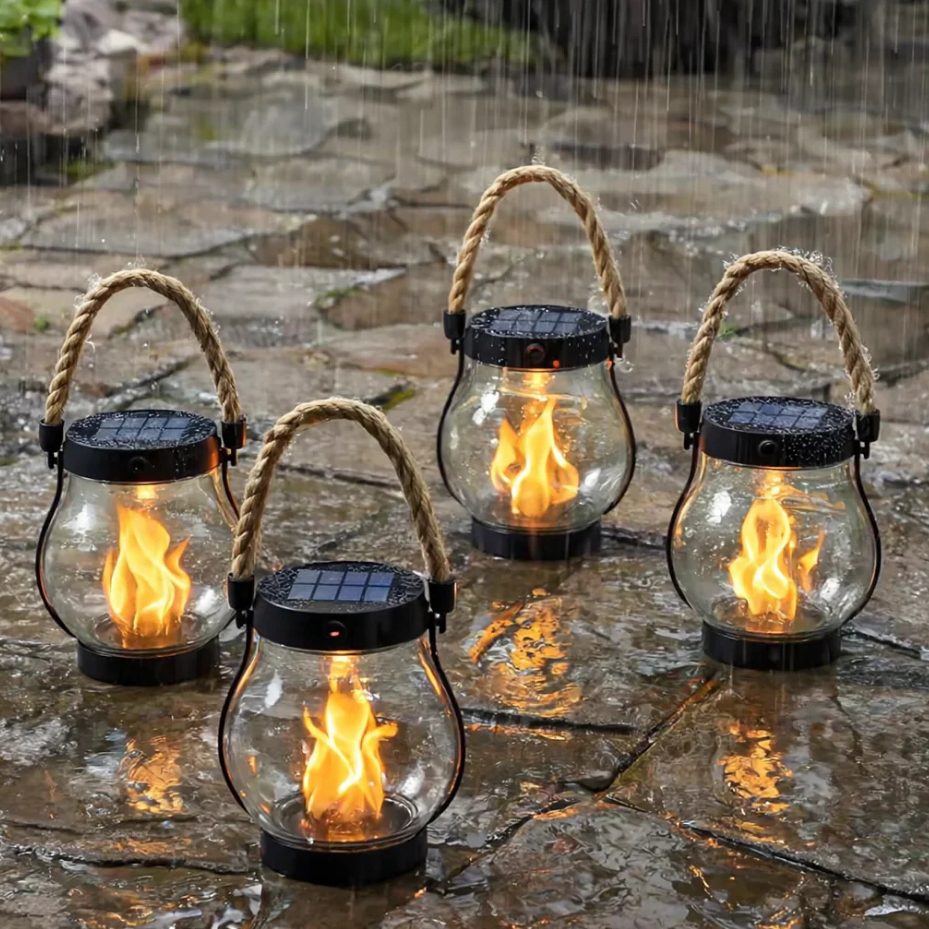 Solar lantern with realistic LED flame effect for garden and outdoor pathway lighting. Waterproof patio decor.