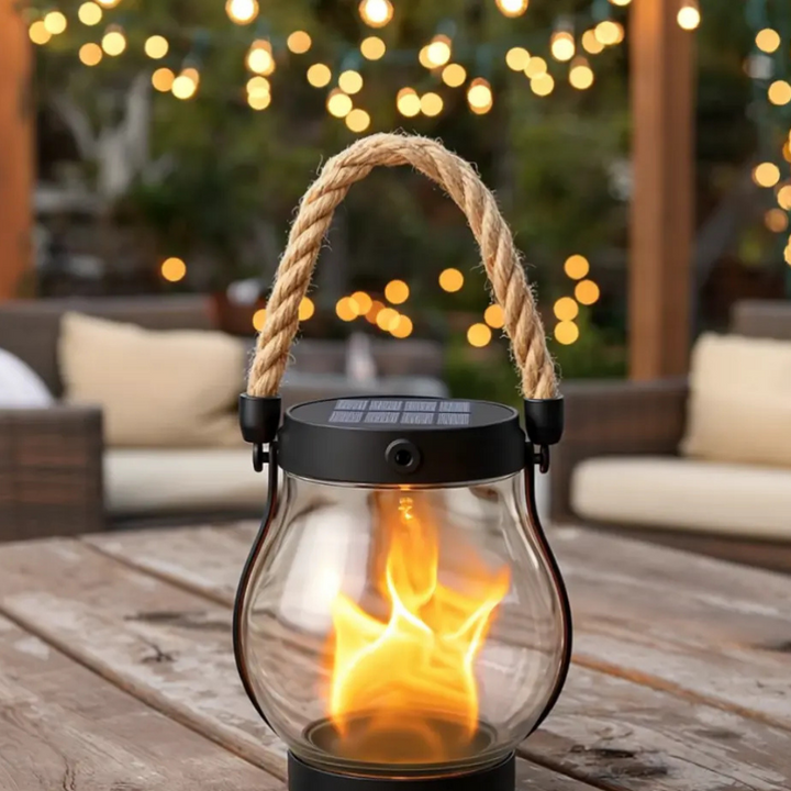 Waterproof solar flame lantern, casting a warm, flickering glow. Enhance your outdoor living space at night.
