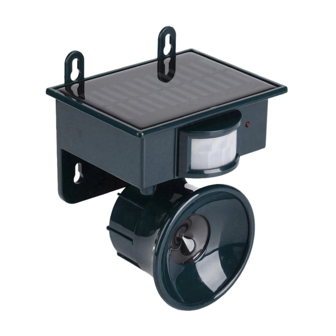Waterproof outdoor solar bird repeller with motion sensor for gardens & crop protection.