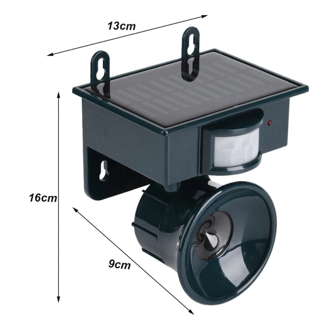 Compact solar motion sensor bird repeller, ideal for eco-friendly garden pest management.