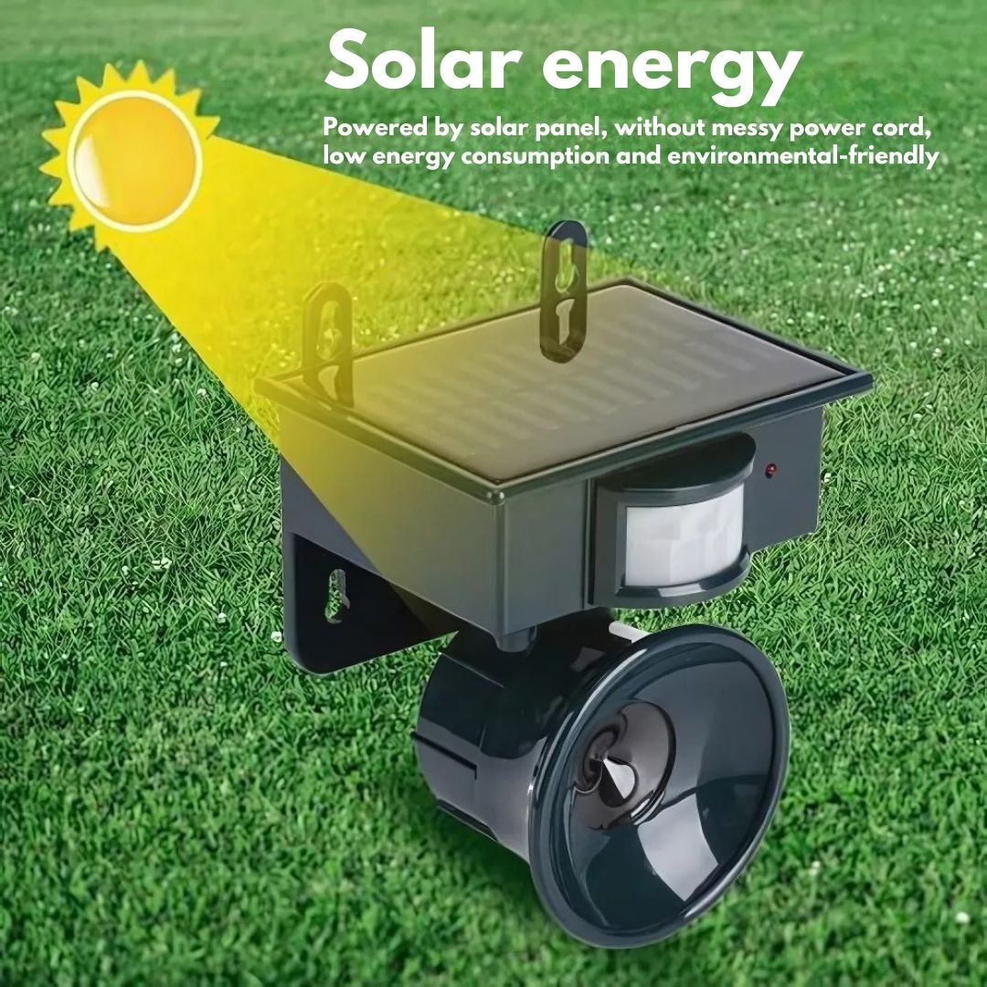 Garden solar bird repeller for humane pest control & outdoor animal deterrent.