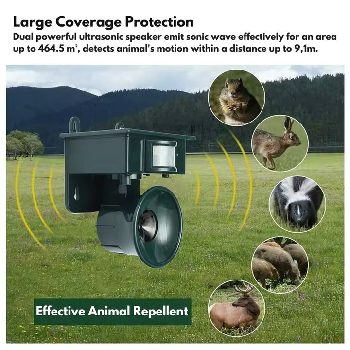 Humane solar bird repeller, motion sensor activated for gardens, patios & outdoor spaces.