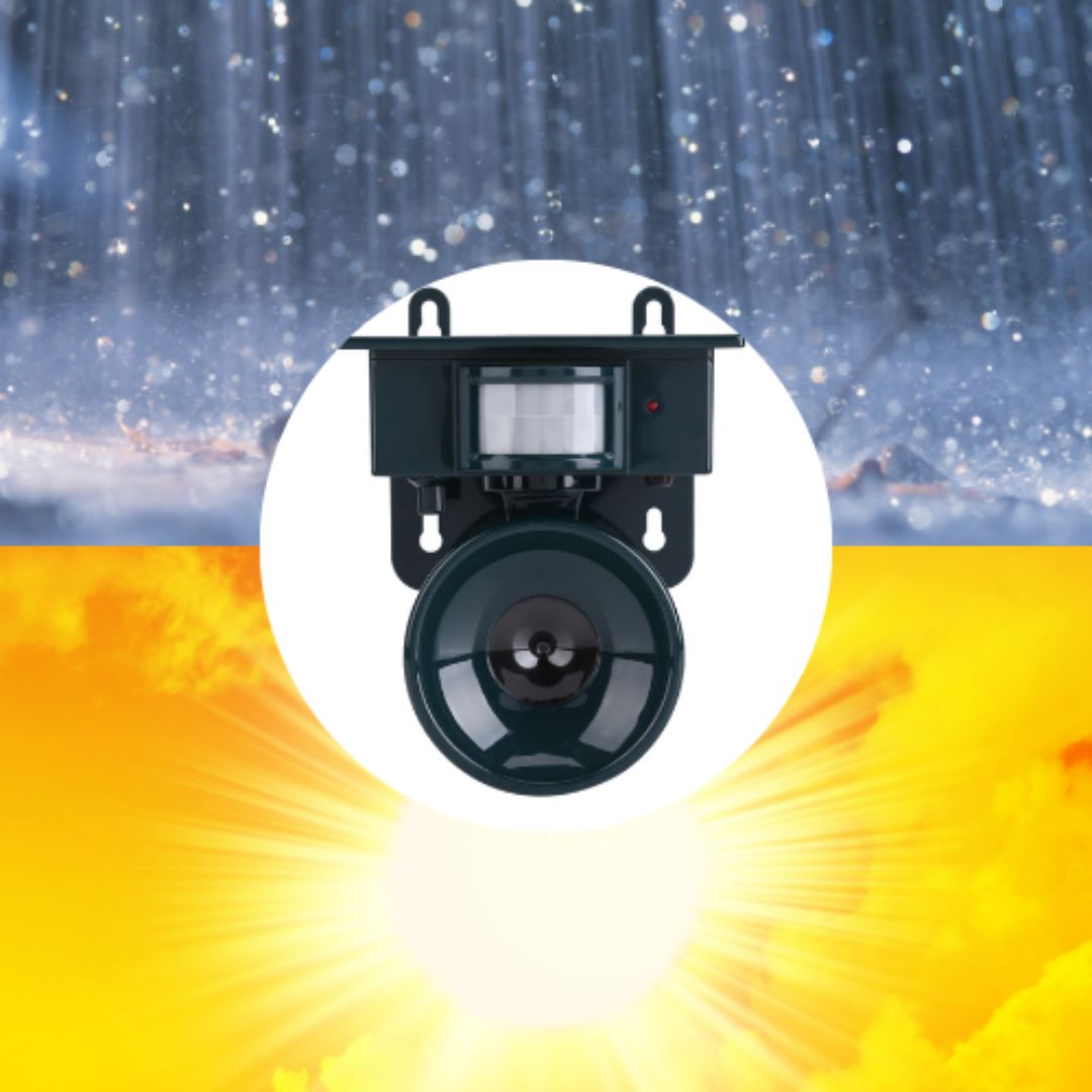 Solar-powered motion sensor bird deterrent for gardens; eco-friendly pest control solution.