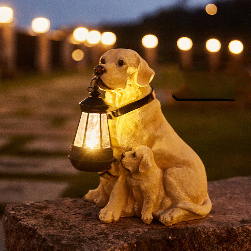 Solar-powered LED dog garden sculpture, perfect outdoor decor for patio lighting.