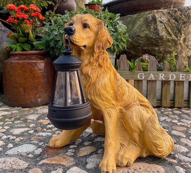Charming solar LED dog sculpture for garden, patio, or yard. Decorative outdoor animal lighting.