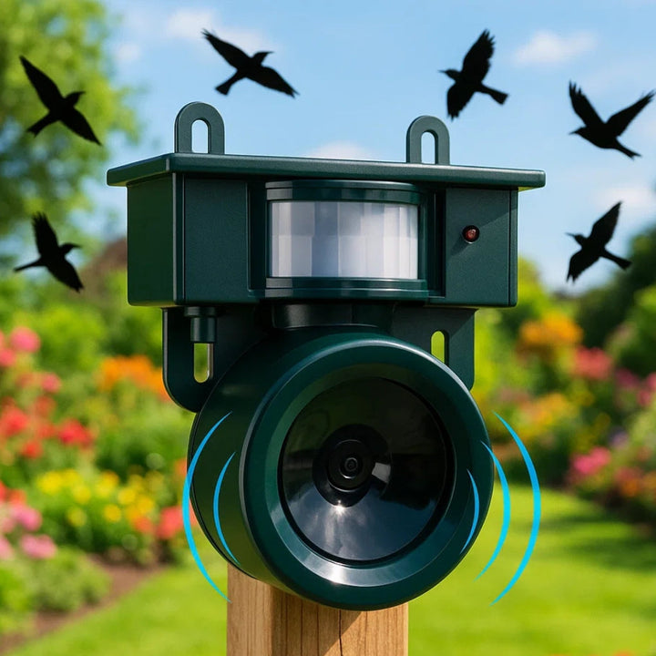 Solar powered outdoor motion sensor bird repeller. Effective ultrasonic pest deterrent for garden.