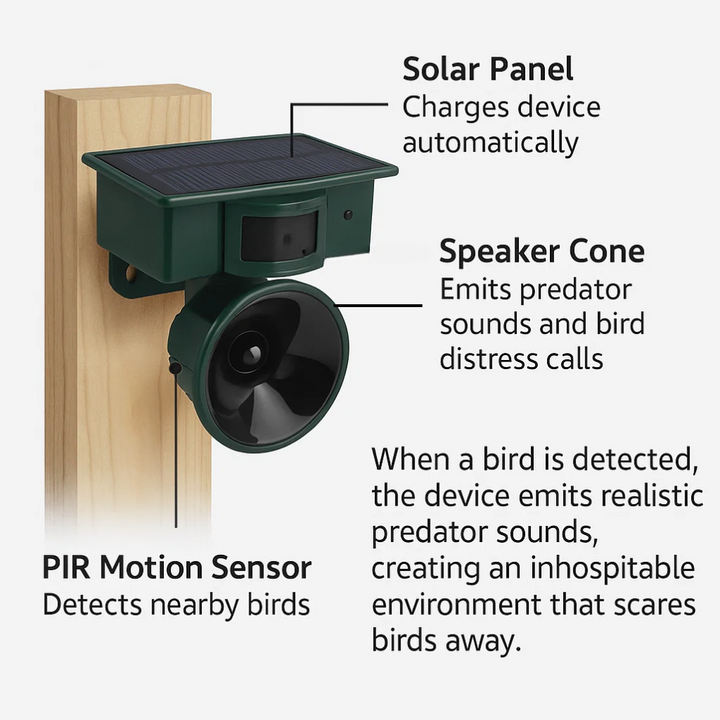 Eco-friendly wildlife scarer. Motion sensor bird repeller protects patios & gardens from pests.