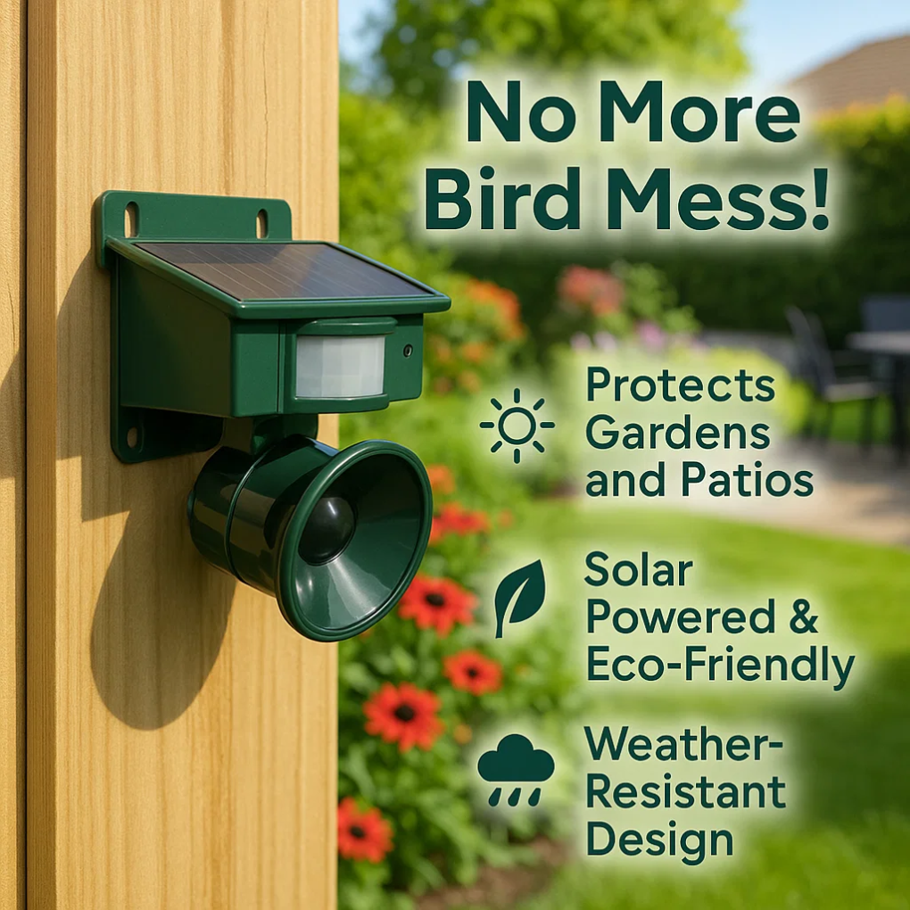 Close-up of a solar powered bird repeller, featuring its motion sensor and ultrasonic emitter.