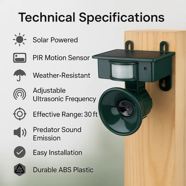 Outdoor pest deterrent device, solar charged & motion activated to repel birds and garden pests.