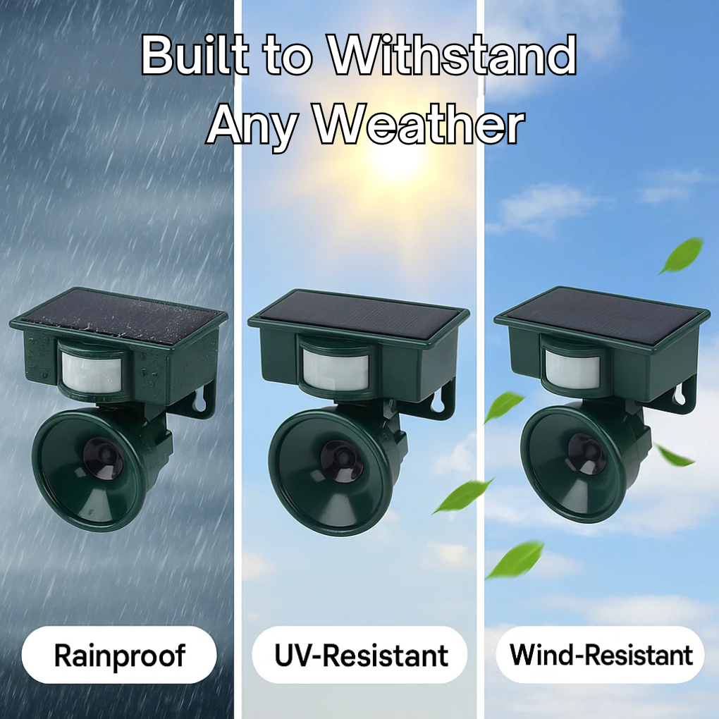 Compact outdoor bird repeller utilizing solar energy and motion detection for pest control.
