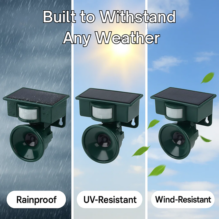 Compact outdoor bird repeller utilizing solar energy and motion detection for pest control.