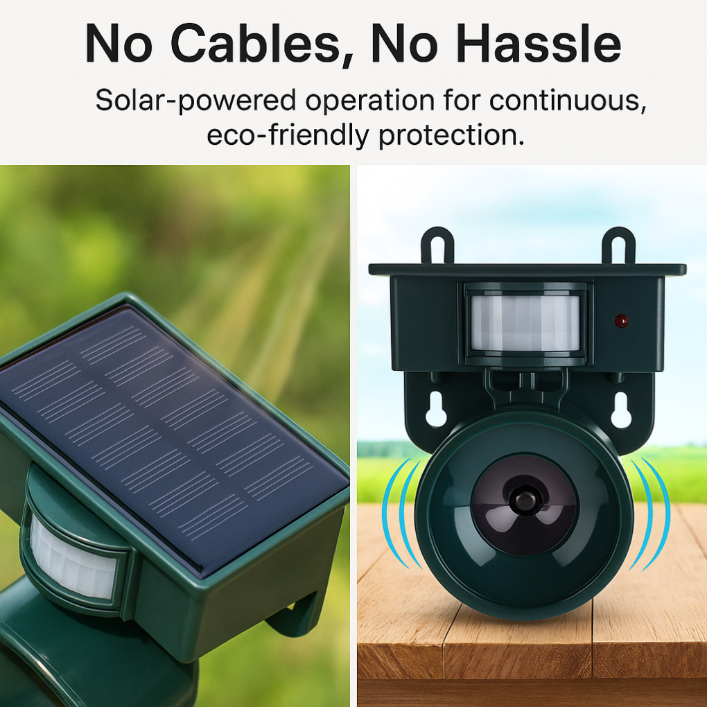 Ultrasonic bird repeller with solar panel, designed as a humane and eco-friendly pest deterrent.