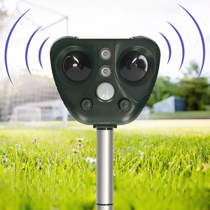 Solar ultrasonic bird repeller, wireless & weatherproof. Protects gardens, deters pests effectively.