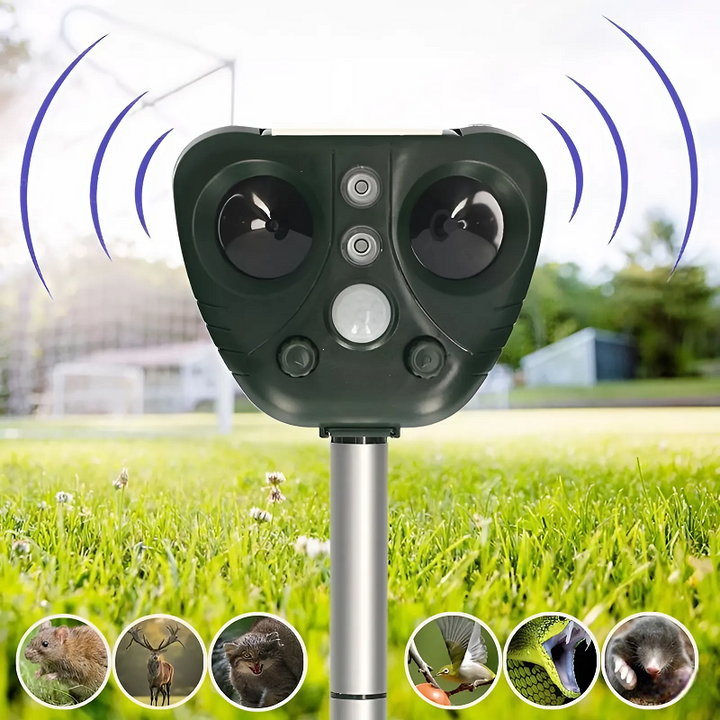 Weatherproof solar ultrasonic bird repeller for outdoor use. Garden & yard pest control, animal deterrent.