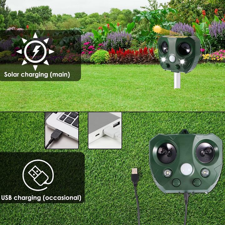 Solar-powered ultrasonic bird repeller. Wireless, weatherproof outdoor device for garden & pest control.