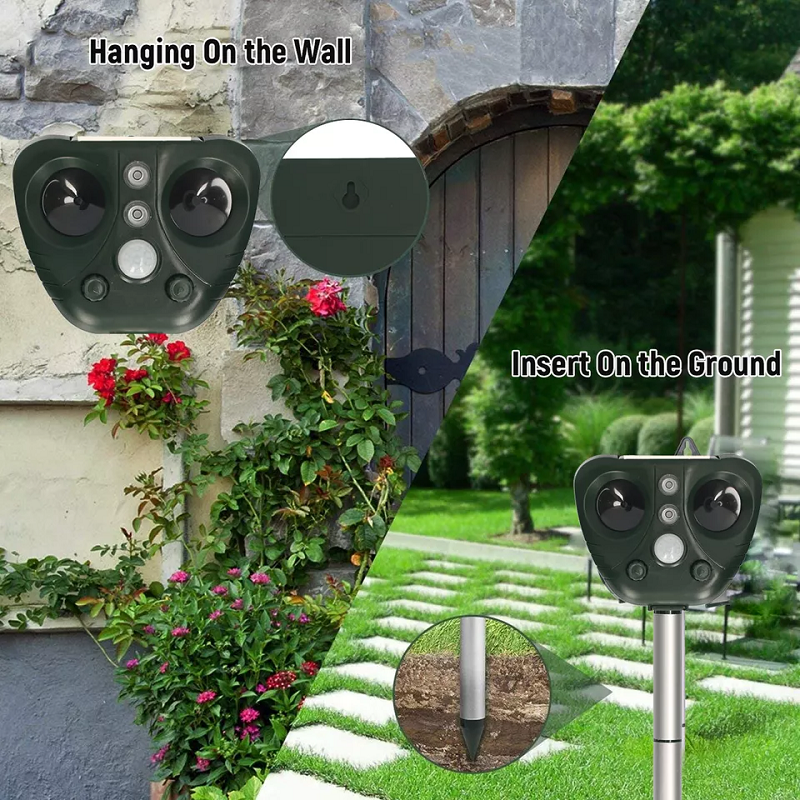 Outdoor solar bird repeller. Easy placement for yard & garden pest control. Wireless ultrasonic animal deterrent.